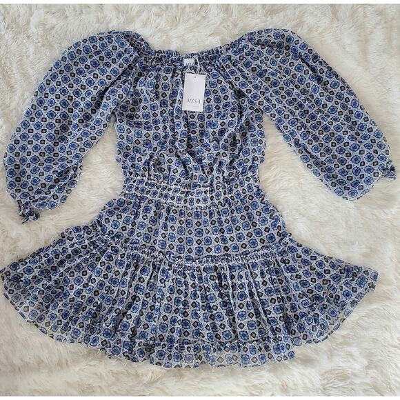 Misa LA Zonia Blue/White Geometric Off-Shoulder Chiffon Mini Dress XS - Picture 7 of 14
